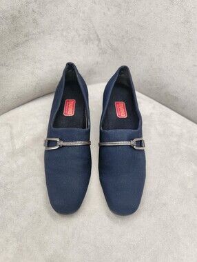 Munro Pumps 8.5 Navy Blue Nylon Cindi Slip On Block Heel Comfort Shoes Made USA